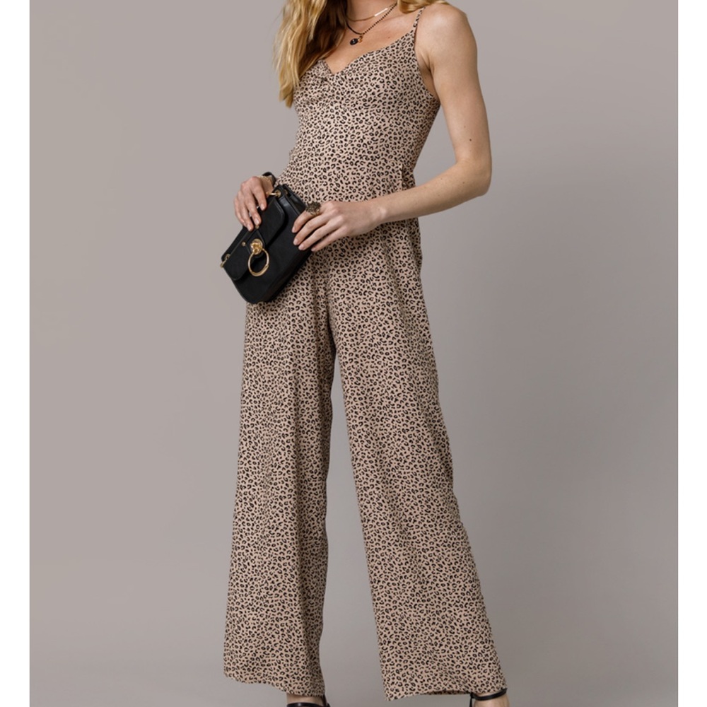 Francesca’s x Blue Rain Davie Front Leopard Print Jumpsuit